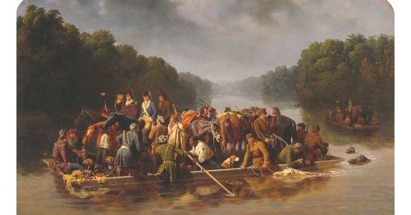 A painting of a group of men, horses, and dogs crowded onto a barge crossing a river as several horses swim alongside and behind the barge.