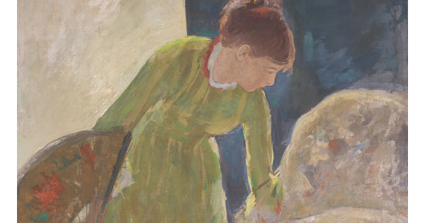 A detail of a painting of a woman in a green dress holding a fan and bending to arrange the train of her dress.