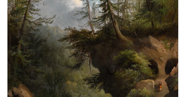 An oil painting of a lush forest and river valley with three people walking up a dirt path toward caves tucked into the side of the hills.