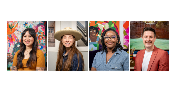A collage of four headshots (L-R): A smiling Asian woman with long dark hair; a smiling White woman wearing a wide-brimmed straw hat; a smiling Black woman wearing glasses; a smiling White man with short, dark hair.