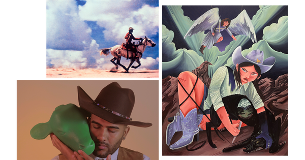 A collage of three artworks: a color photograph of a man on a running horse; a painting of a woman holding down a wolf; a video still of a man cheek-to-cheek with a green toy cow head.