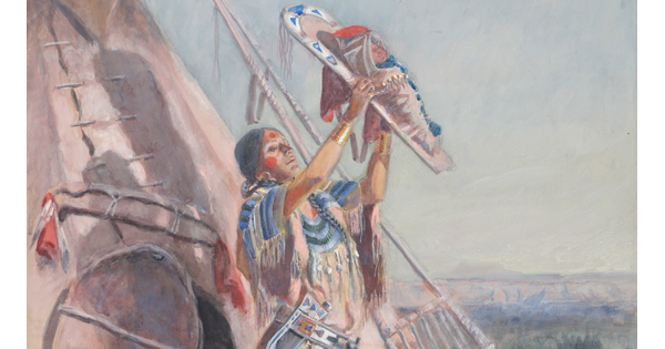 A detail of a watercolor of a Native American woman standing outside of a tipi, holding her baby in a cradleboard up to the sun.