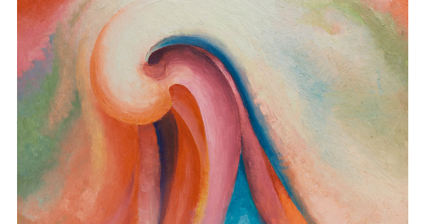 A detail of an abstract oil painting of pastel colored swirling waves that fill the paper.