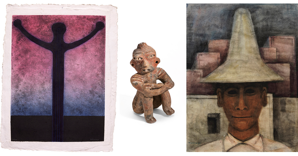 A collage of three artworks (L-R): A print, an ancient sculpture, and a print.