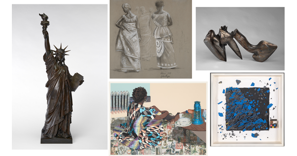A collage of images of five artworks: two sculptures and three prints.