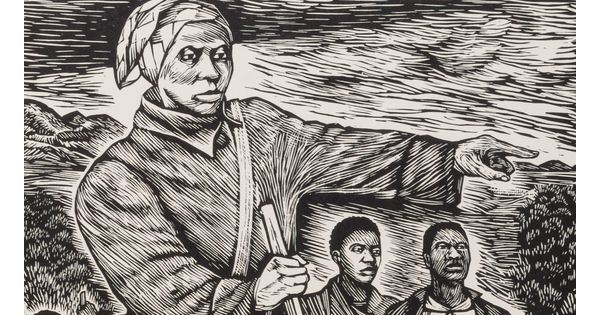A black-and-white print of Harriet Tubman pointing the way for several Black figures behind her.