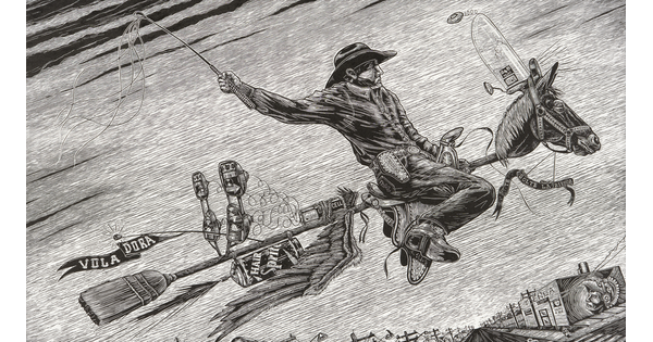 A black-and-white print of a cowboy riding a broomstick with a horse's head flying above a street lined with buildings and powerlines.