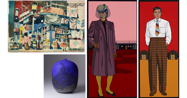 A collage of images of four artworks: one sculpture and three paintings.