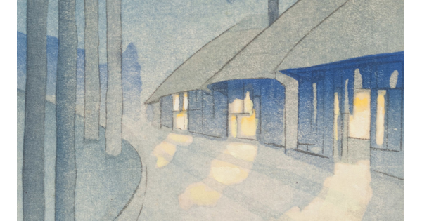 A print in muted colors of a row of houses, light coming from their windows, under tall trees at night.