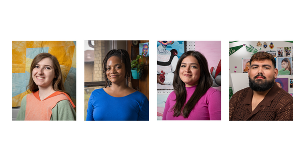 A collage of headshots of four people: a White woman, a Black woman, a White woman, a Chicano man.