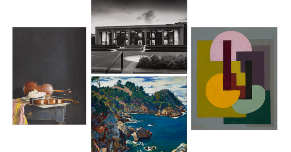 A collage of four artworks; three paintings and one photograph.