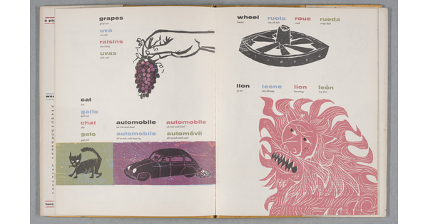 An open book showing, on the left, woodblock prints of a hand holding grape, a cat, and a car accompanied by text in four languages; on the right, a woodblock print of a wheel and a lion accompanied by text in four languages.