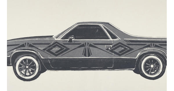 A detail of a black-and-white print of an El Camino-like car, shown from the sides, with Native American designs on the doors and fenders.