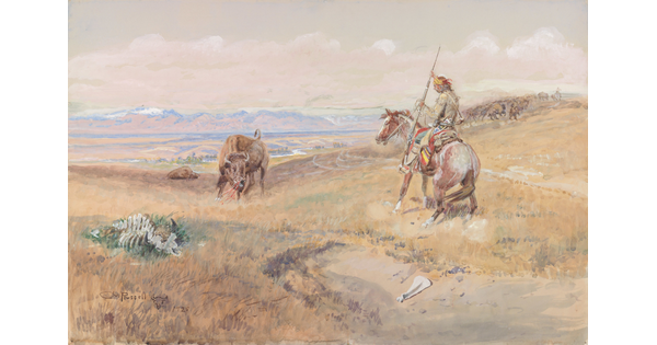 A watercolor of a mounted Native American confronting a steer.