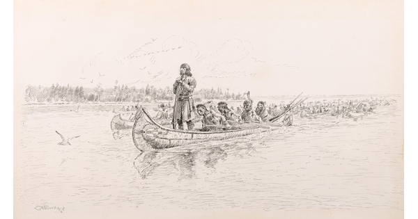 A black-and-white drawing of Native Americans rowing canoes on a lake; a White explorer standing at the front of the canoe in the foreground.