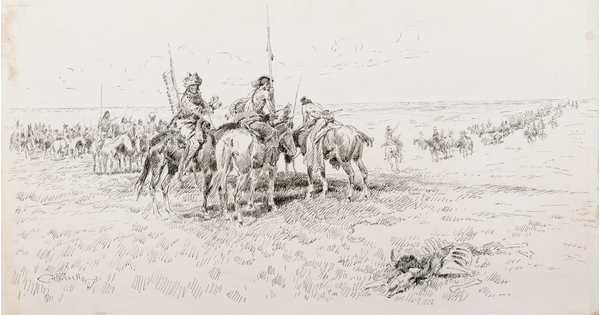 A black-and-white drawing of a large group of Indigenous people on horseback watching a line of settlers on horseback and in wagons in the distance.