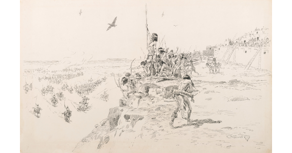 A black-and-white drawing of Indigenous people, some with spears and bows and arrows, on a cliff watching riders on horseback coming toward them.