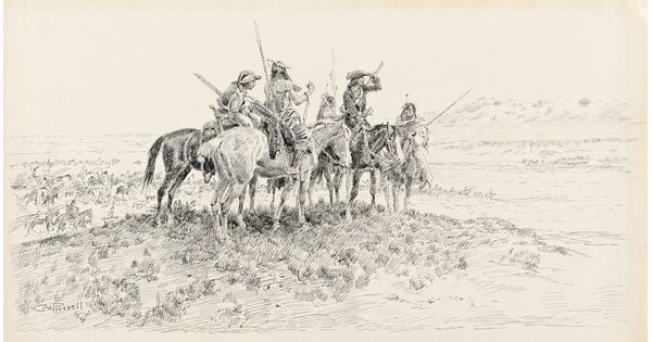 A black-and-white drawing of a group of men, two White and three Native American, on horseback in a prairie.