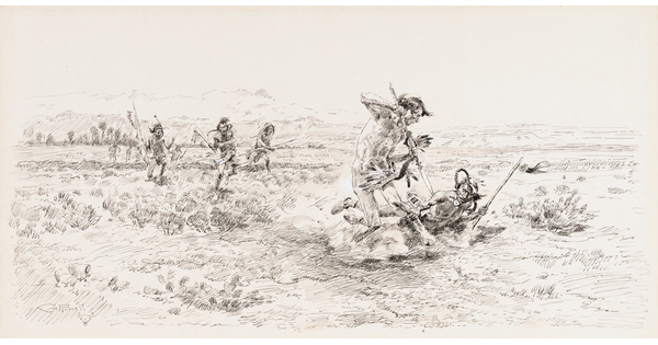 A black-and-white drawing of a Native American man in combat with another as three men run toward them.