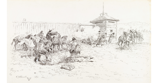 A black-and-white drawing of soldiers bursting into a military fort housing Native Americans and horses.