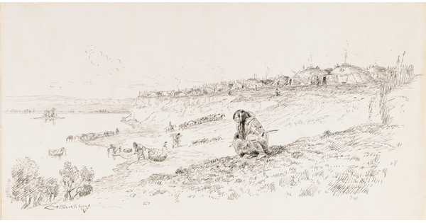 A black-and-white print of an Indigenous person sitting riverside with a village in the background.