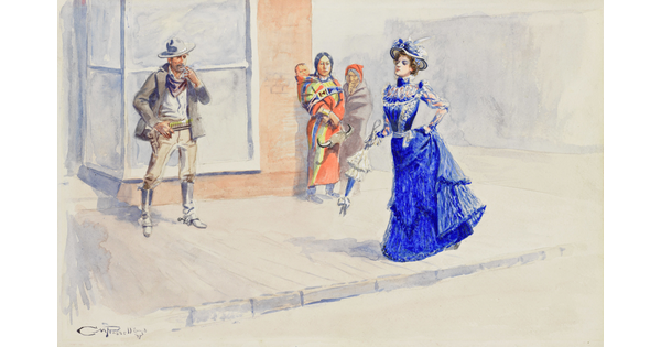 A watercolor of a White woman in a blue dress walking on a sidewalk as a White cowboy and an Indigenous family watch.