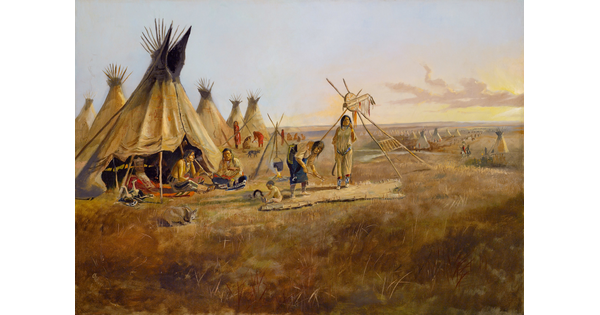 An oil painting of Indigenous adults and a child working on a hide in front of an open tipi on grassy plains.