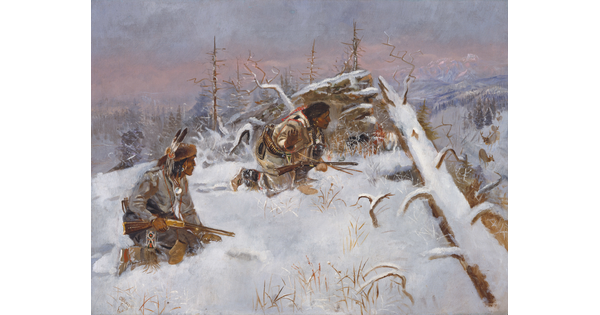 An oil painting of two Indigenous men holding guns and crouching in the snow behind a fallen tree.
