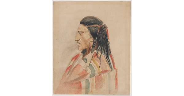 A watercolor portrait of an American Indian man in profile; his dark hair arranged in braids and a colorful cloth wrapped around his shoulders.