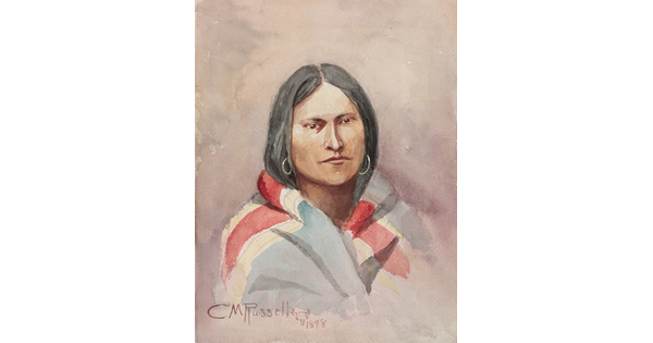A watercolor portrait of an American Indian woman from the shoulders up, with dark hair, hoop earrings, and a colorful cloth around her shoulders.