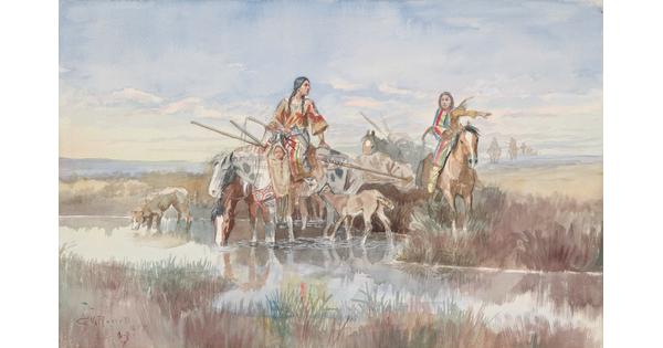 A watercolor of two Native American women on horseback crossing a stream with their child, horses, and belongings.