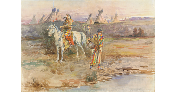 A watercolor of an Indigenous man on horseback stopped near an Indigenous woman with a jug on her hip standing at the edge of a lake or pond.