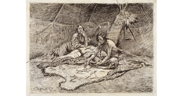 A black-and-white drawing of two Indigenous people sitting in a tipi painting on a hide.