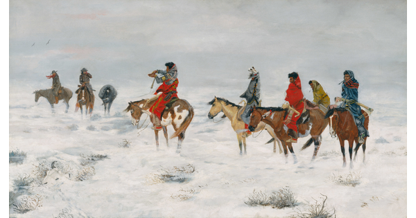An oil painting of a group of Indigenous people on horseback approaching cowboys on horseback in a snowstorm.