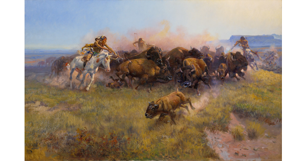 A dynamic painting of Native American men on horseback hunting a herd of bison.