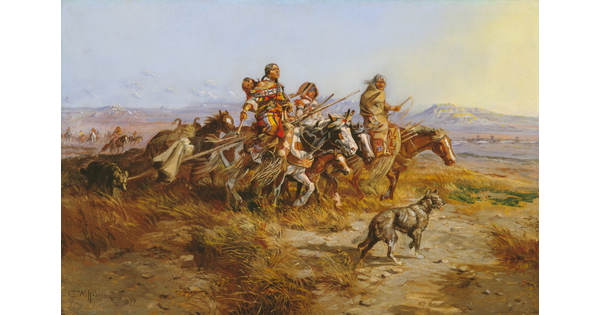 An oil painting of Indigenous women on horseback riding across the plains with mountains in the background.