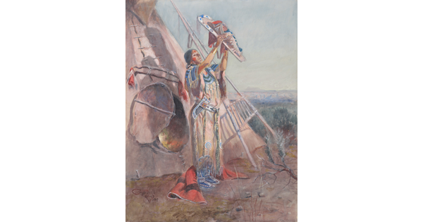 A watercolor of a Native American woman standing outside of a tipi, holding her baby in a cradleboard up to the sun.