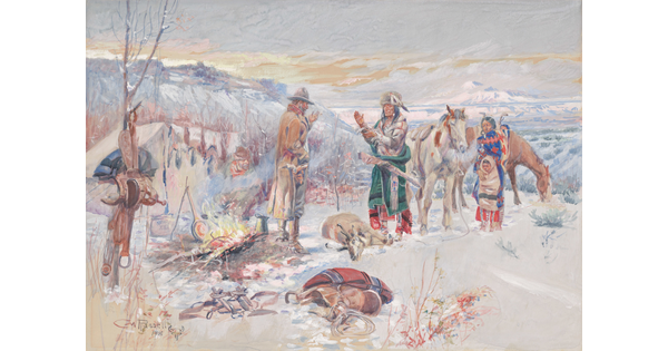 A watercolor of a Native American family greeting a cowboy at a campsite on a snowy day.