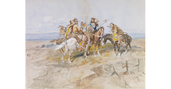 A watercolor of Indigenous people on horseback looking off in the distance.
