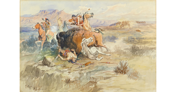 A watercolor of Indigenous people on horseback coming to help another man and his horse who are about to be trampled by a bison.