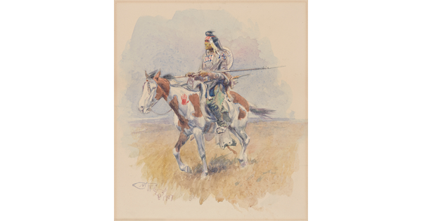 A watercolor of a Native American warrior riding an appaloosa horse.