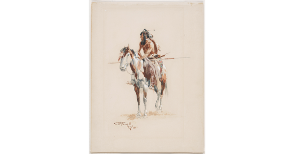 A watercolor of an Indigenous man on horseback dressed in regalia.