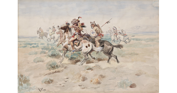 A watercolor of Indigenous figures wielding weapons on horseback as one points a bow and arrow directly at the viewer.