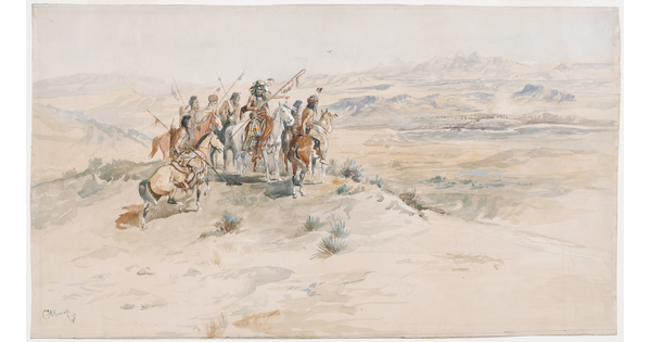 A watercolor of a group of American Indians on horseback on a desert bluff scouting a herd of bison in the distance.