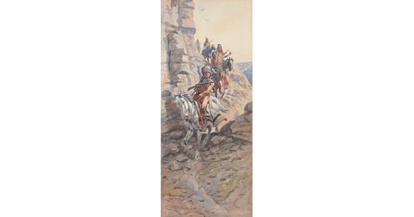 A watercolor of Indigenous people riding their horses on a cliffside.