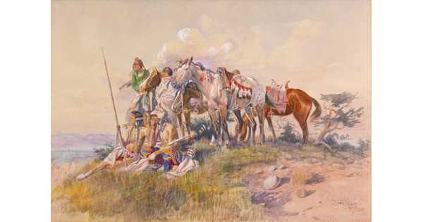 A watercolor of a small group of Indigenous people with their horses atop a hill looking off into the distance.