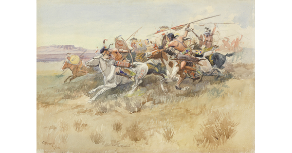 A watercolor of a group of Indigenous people on horseback engaged in battle with spears and bows and arrows.