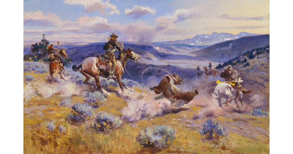An oil painting of many cowboys on their horses roping a bear in the mountains.