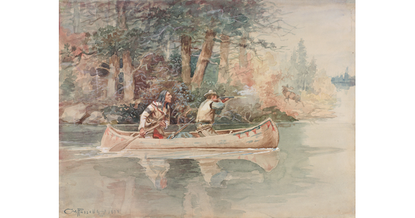 A watercolor of two men in a canoe, one of whom is taking aim with his gun at an elk on shore.