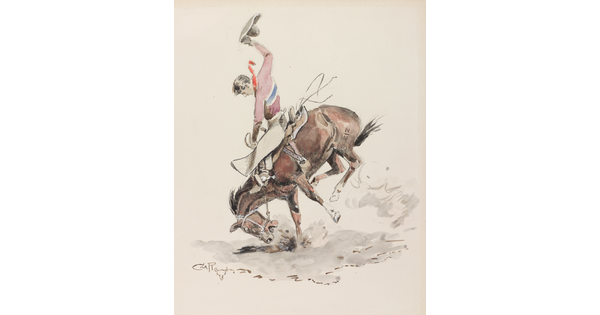 A watercolor of a White cowboy, holding his hat in the air, riding a bucking horse.